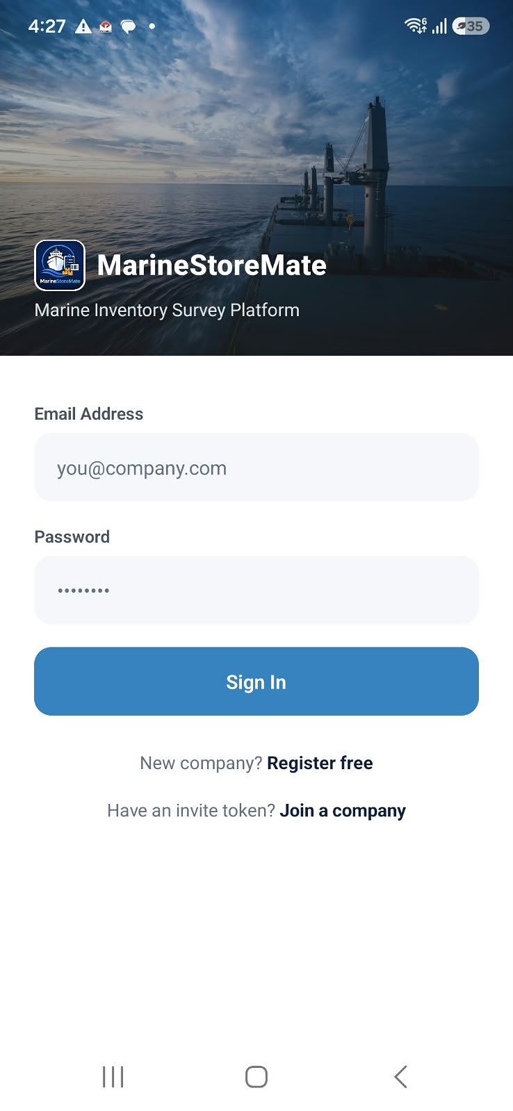 Sign-in screen of the inventory management app, showing email and password fields plus options to register a new company or join one with an invite token